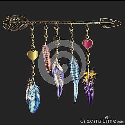 Golden luxury Boho elements. Vector illustration with feathers, arrow and chains. Ornamental bird feathers isolated on black. Mult Cartoon Illustration