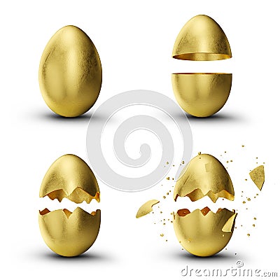 Golden, luxury easter set eggs. Set golden eggs cracked, broken into many pieces isolated on a white background. Golden Cartoon Illustration