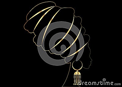 Golden luxury portrait beautiful African woman in traditional turban, Kente head wrap African, Traditional dashiki Vector Illustration