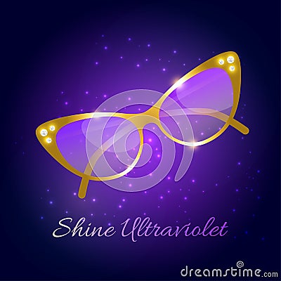 Golden luxury sunglasses with diamonds and text shine ultraviolet Vector Illustration