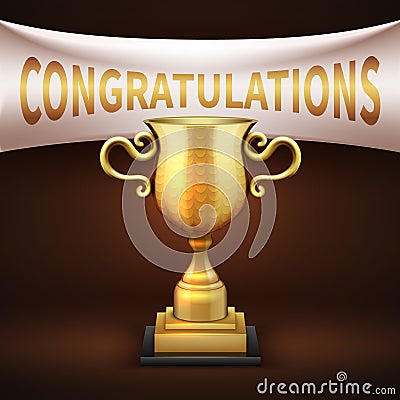 Golden luxury trophy cup with white textile banner and congratulations text vector illustration Vector Illustration