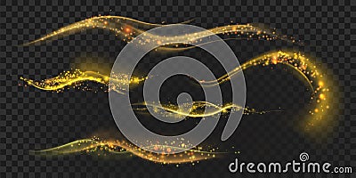 Golden magic light waves with star dust, glitter and sparkles. Gold shining comet trail with particles. Christmas Vector Illustration