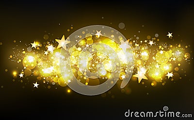 Golden magic shooting stars, decoration, stars motion confetti, dust, glowing particles blurry scatter glitter blinking shine Vector Illustration