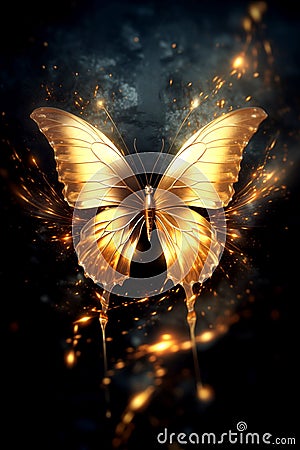 golden magical butterfly - fantasy mood - black background Stock Photo
