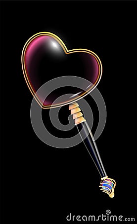 Golden magnifying glass with black handle inlaid with pearls, isolated on a black background. Obligatory Attribute of Valentines Vector Illustration