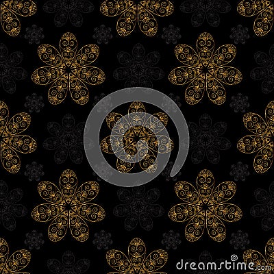 Golden mandala seamless pattern black background Stock Photo