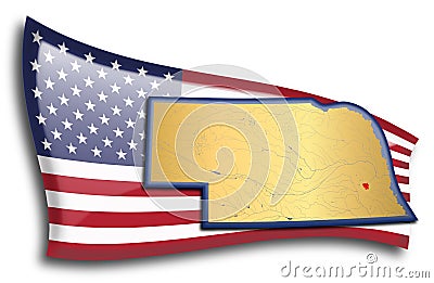 Golden Map of Nebraska against an American Flag Vector Illustration