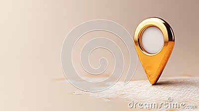 Golden map pointer indicating destination on topological scheme. Realistic 3d map pin for navigation app. Abstract cartography for Stock Photo