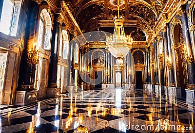 golden marble interior of the royal palace, golden palace, interior of the aristocratic castle museum, Cartoon Illustration