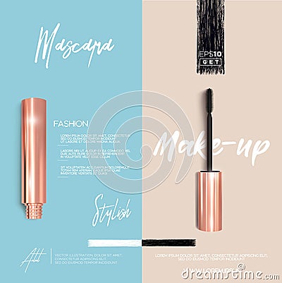 Golden mascara make-up booklet or brochure background. Brush and mascara tube. Black wand and golden tube on light pink Vector Illustration