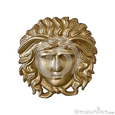 Golden mask of the Greek goddess in the old palace interior. Design element with clipping path Stock Photo