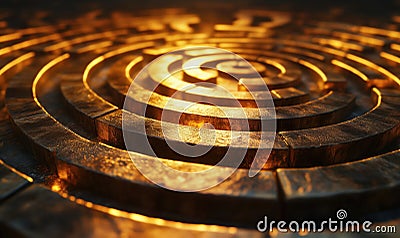 Golden maze structure with intricate patterns and glowing highlights, showcasing depth and texture in metallic finish Stock Photo