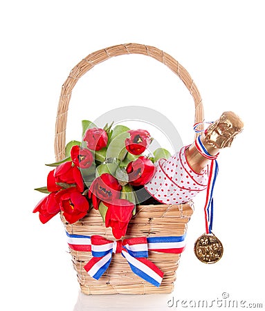 Golden medal and tulips Stock Photo