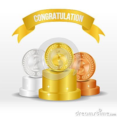 Golden medal for winning announcement template with golden ribbon banner Stock Photo