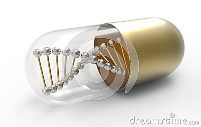 Golden Medical Capsules with DNA Molecule - Genetic Medicine Concept - Close Up - 3D Illustration Cartoon Illustration
