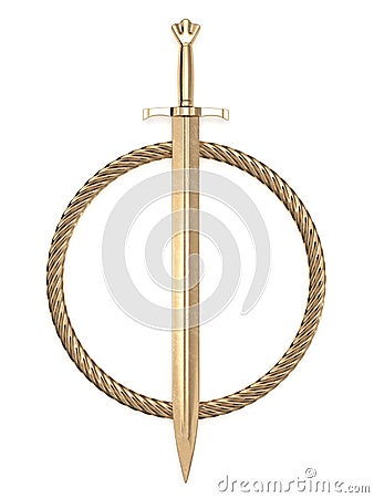 Golden medieval sword with round cord 3d rendering Stock Photo