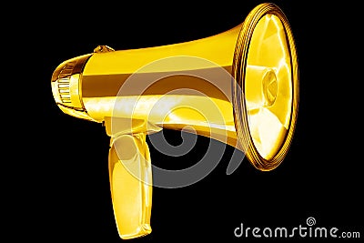 Golden megaphone black background isolated closeup, gold metal loudspeaker, loudhailer, speaking trumpet, bullhorn, announcement Cartoon Illustration