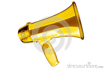 Golden megaphone white background isolated closeup, gold metal loudspeaker, loudhailer, speaking trumpet, bullhorn, announcement Cartoon Illustration
