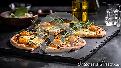 Golden Melted Mozzarella Cheese Pizza on Slate Plate Stock Photo