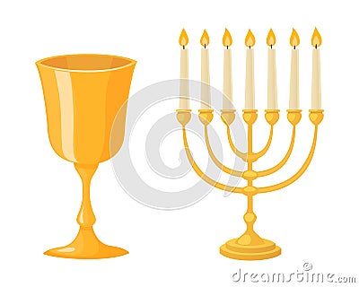 Golden menorah with candles hebrew religion tradition decoration flame and candelabrum hanukkah orthodox judaism Vector Illustration