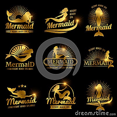 Golden mermaid labels. Shiny resort beach spa logos design Vector Illustration