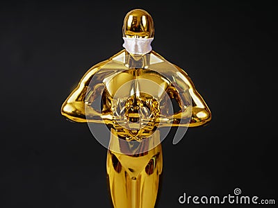 Hollywood Golden Oscar Academy award statue in medical mask. Success and victory concept. Oscar ceremony in coronavirus time Editorial Stock Photo