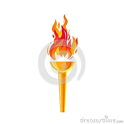 A golden metal torch with a blazing fire. The fiery torch of the champion's victory. The flame icon. A burning fire Vector Illustration