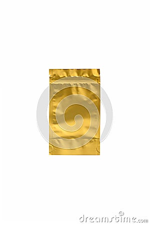 Golden metalized pouch bag fot tea and coffee isolated on white background. Empty blank foil packaging template mockup Stock Photo