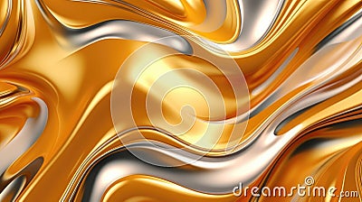 Golden metallic abstract wavy liquid. Fabric texture background with soft wave. Wave pattern background. Generative AI. Stock Photo