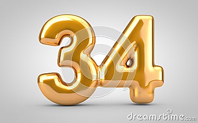 Golden metallic balloon number 34 isolated on white background Cartoon Illustration