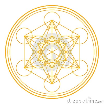Golden Metatrons Cube, mystical symbol, derived from the Flower of Life Vector Illustration