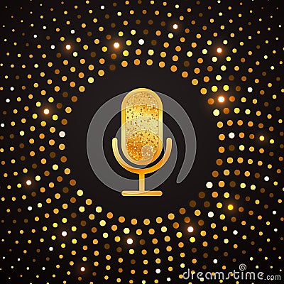 Golden microphone icon on abstract gold halftone circle background. Karaoke party shiny luxury banner Stock Photo