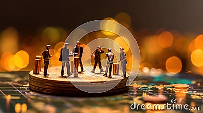 Golden miniature figures of businessmen standing on table. Generative AI Stock Photo