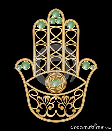 Golden Miriam hand with eye shape in filigree design with green emerald gem, amulet of protection Vector Illustration