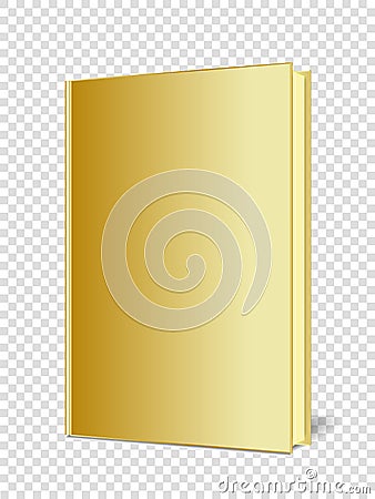 Golden mock up of a closed, upright book, made in perspective on a transparent background. Vector Illustration