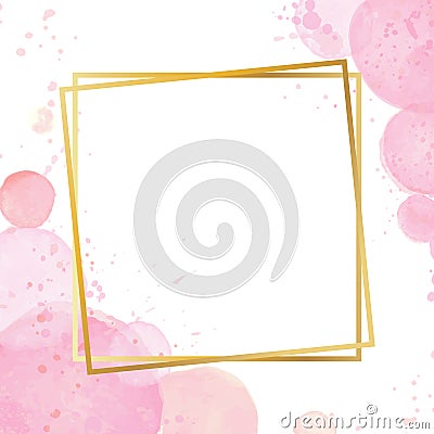 Golden modern frame with a watercolor effect background. Nude rose brush strokes. Gold round contour frame. Golden luxury line Vector Illustration