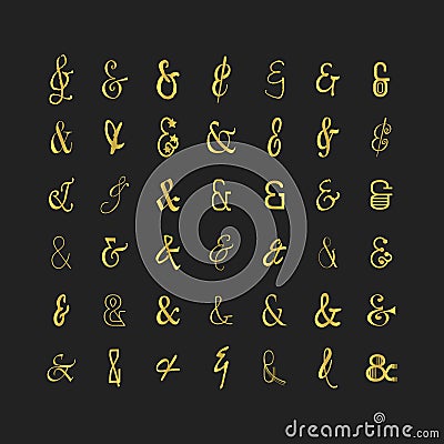 Golden modern and trendy different shapes of thin line stylized and isolated ampersand icons set on black Vector Illustration