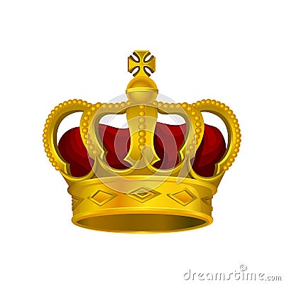 Golden monarch crown with red velvet and cross on top. Precious head accessory of king or queen. Bright vector design Vector Illustration