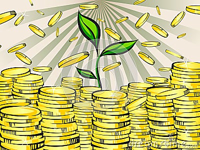 Golden money stacks with green sprout of wealth tree. Gold coins. Retro vector illustration of the shining wealth. Vector Illustration