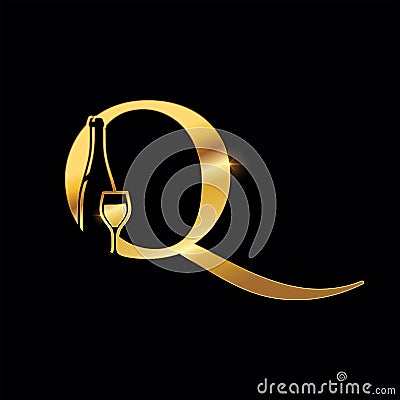 Golden Monogram Letter Q Wine and Bottle Sign Vector Illustration