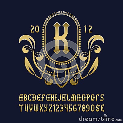 Golden monogram template in beautiful wreath frame with vintage alphabet with numbers Vector Illustration