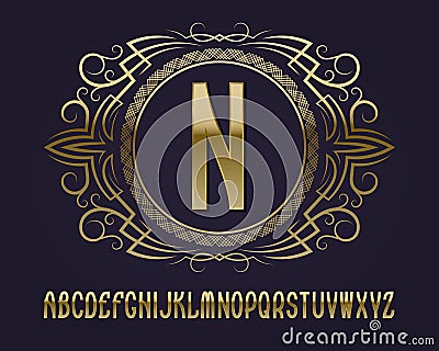 Golden monogram template in round patterned frame with vintage alphabet Vector Illustration