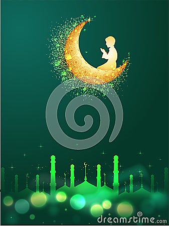 Golden moon and Islamic boy offering namaz, with mosque on green Stock Photo