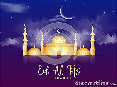 Golden mosque with crescent moon on cloudy background, Eid-Al-Fitr Concept. Stock Photo