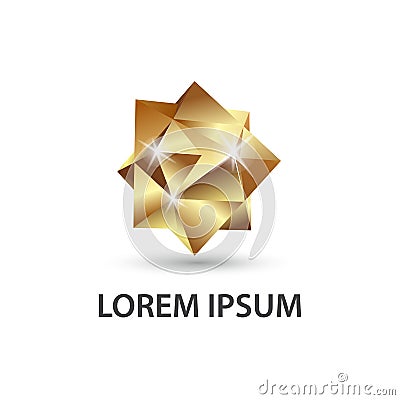 Golden multifaceted geometric figure. 3D polygon logo. Vector Illustration