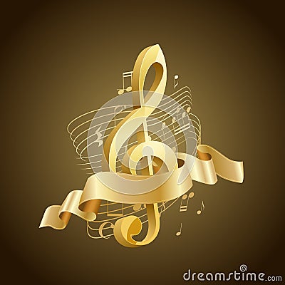 Golden musical treble clef with abstract lines and notes, ribbon Vector Illustration