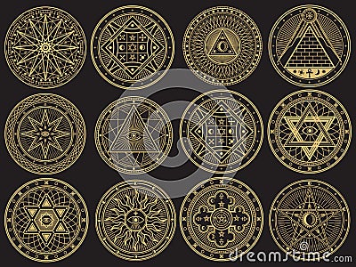 Golden mystery, witchcraft, occult, alchemy, mystical esoteric symbols Vector Illustration