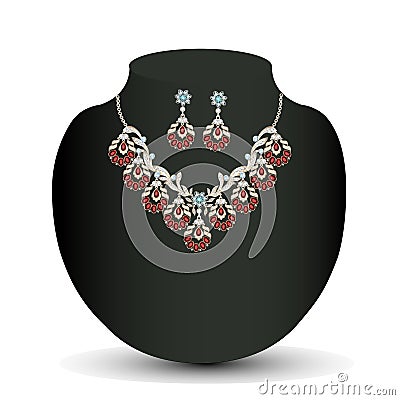 Golden necklace and earrings female with red preci Vector Illustration