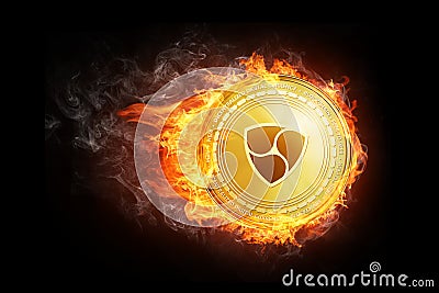 Golden NEM coin flying in fire flame. Cartoon Illustration