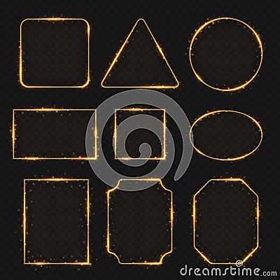 Golden neon shiny electric rectangle borders. Glisten round and oval banners Vector Illustration